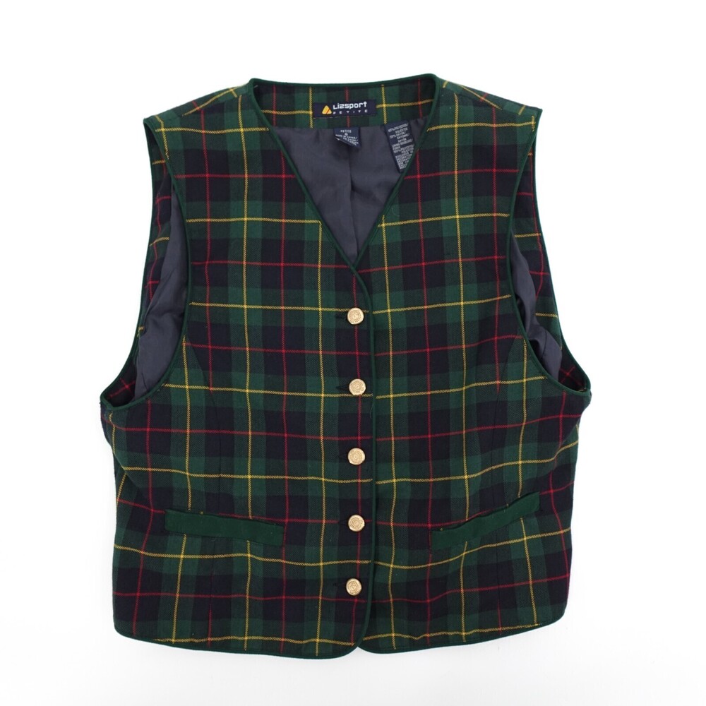 Vintage Liz Sport Vest Womens 8 Green Plaid 5 Button Sleeveless Lined Scottish